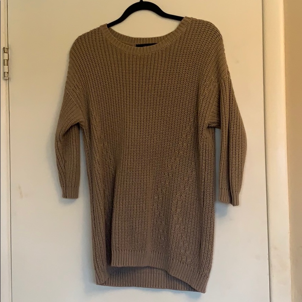 Long, sand colored, knit sweater